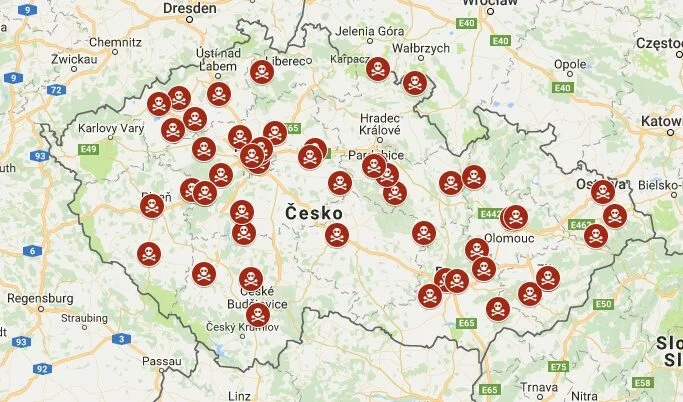 Mapa míst, kde lidé sbírají účtenky pro Andreje Babiše.