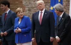 Zleva: Kanadský premiér Justin Trudeau, německá kancléřka Angela Merkel, prezident USA Donald Trump, 
a italský premiér Paolo Gentiloni