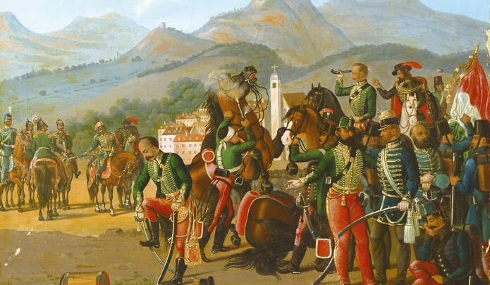 Maďarská kapitulace před Rusy u Világoše (1849) na soudobé olejomalbě neznámého autora
