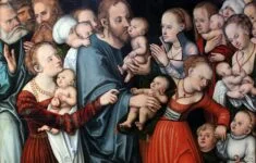 Ježíš žehnající dětem (Lucas Cranach st., olejomalba, 1538)