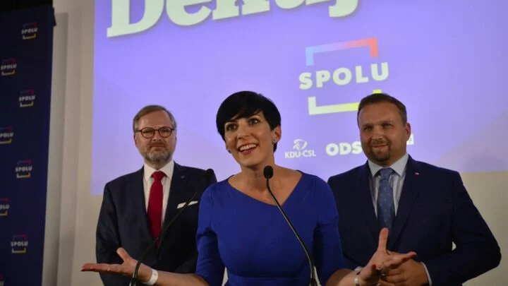 Lídři stran koalice SPOLU po vítězných parlamentních volbách.