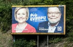 Alexxandr Vondra a Veronika Vrecionová na svém billboardu