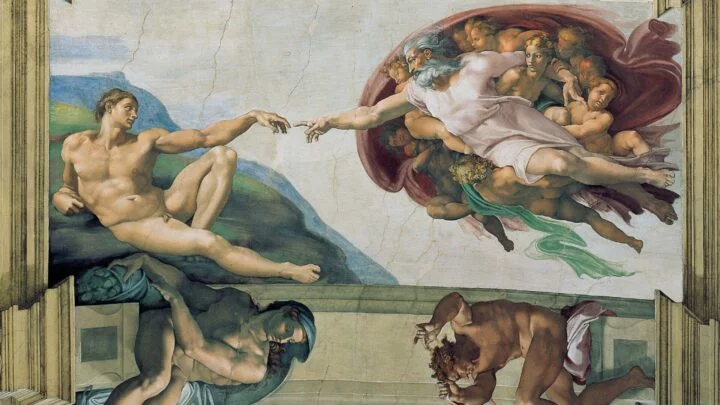 Stvoření Adama na stropě Sixtinské kaple v Římě (Michelangelo Buonarroti, 1508–1512).