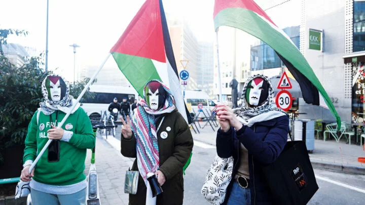 Propalestinská demonstrace proti Izraeli před Evropskou radou v Bruselu (1. únor 2024).