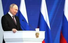 Ruský prezident Vladimir Putin během projevu před Federálním shromážděním Ruské federace 29. února 2024.