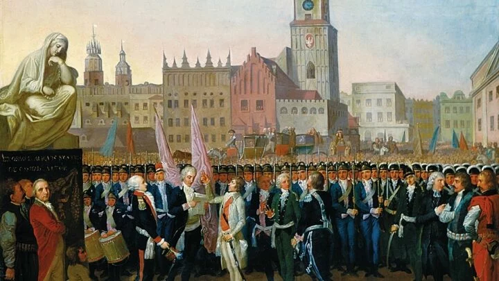 Tadeusz Kościuszko skládá roku 1794 přísahu v Krakově jako vůdce protiruského povstání (Franciszek Smuglewicz, olejomalba, 1797).