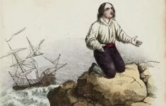 Ilustrace slavného trosečníka v nizozemském vydání románu v roce 1860. 
