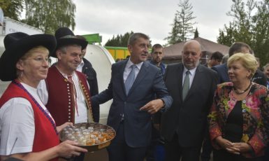 Premiér Andrej Babiš a ministr zemědělství Miroslav Toman na agrosalonu Země živitelka v Českých Budějovicích. (ČTK)