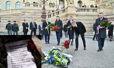 Občané doplnili květiny  bývalého komunisty a agenta StB na pomníku Jana Palacha, který se obětoval pro ideu svobody  (FB Andrej Babiš, Jenny Nowak, koláž redakce)