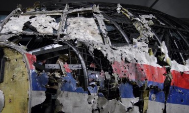 Trosky letadla linky MH17 sestřeleného raketou ruského systému Buk TELAR  (twitter)