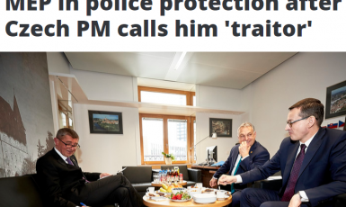 „Europoslanec pod policejní ochranou poté, kdy jej český premiér označil za zrádce.“ Úvodní strana serveru EuObserver  (printscreen EuObserver)