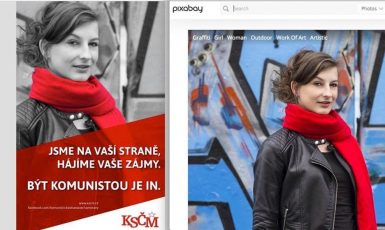 Modelka z fotobanky   vydávaná za nadšenou propagátorku komunistické strany (Facebook KSČM a Pixabay)
