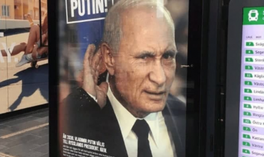Neslýchané. V ulicích švédských měst se objevily plakáty s gratulací Vladimiru Putinovi k vítězství ve volbách roku 2030.  (Telegram, Human Rights Deffenders)