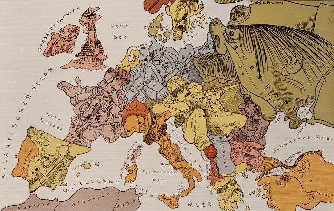 Evropský kontinent v německé politické karikatuře z roku 1914 (wikimedia commons (volné dílo))