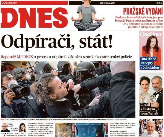 Titulní strana Babišovy Mladé fronty DNES z pondělí 8. března (screenshot MF DNES)