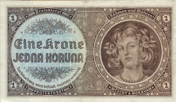 Papírová koruna platná v Protektorátu Čechy a Morava (1940) (wikimedia commons (volné dílo))