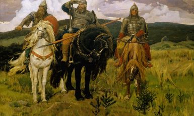 Bohatýři Dobryňa Nikitič, Ilja Muromec a Aljoša Popovič chrání Svatou matku Rus před cizáky (V. M. Vasněcov, 1898) (wikipedie)