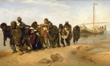 Ilja Repin, Burlaci na Volze (1873, olejomalba) (Státní ruské muzeum v Sank-Petěrburgu (Wikimedia Commons))