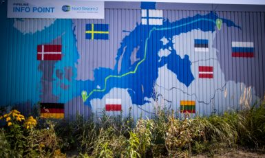 Informační centrum pro Nord Stream 2 v německém Lubminu vizualizovalo geostrategický význam projektu pro Rusko (ČTK/DPA/Jens Büttner)