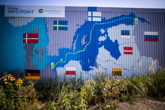 Informační centrum pro Nord Stream 2 v německém Lubminu vizualizovalo geostrategický význam projektu pro Rusko  (ČTK/DPA/Jens Büttner)
