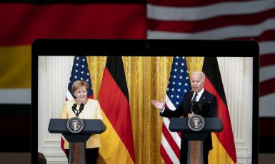 Tisková konference Bidena a Merkelové k plynovodu Nord Stream 2 v americkém Arlingtonu (15. 7. 2021) (ČTK/Xinhua/Liu Jie)
