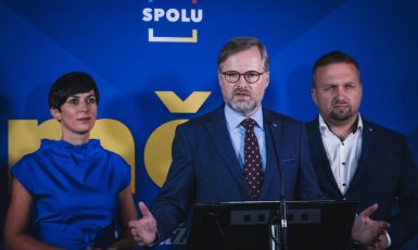 Lídři koalice SPOLU – Petr Fiala (ODS), Markéta Pekarová Adamová (TOP 09), Marian Jurečka (KDU-ČSL). (Tony Havlík / FORUM 24)