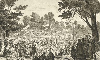 Sokolské cvičení na Rohanském ostrově v roce 1867 - dobové vyobrazení od Františka Čermáka (Wikimedia Commons)