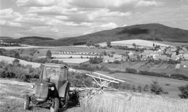 Žně pod Blaníkem v srpnu 1962 – traktorista Karel Žížala z JZD Louňovice dokončuje sečení žita (ČTK/Lomoz Viktor)