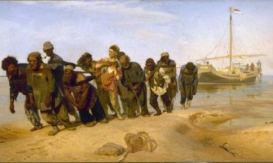 Burlaci na Volze – Ilja Repin, olejomalba (1870–1873) (State Russian Museum, St. Petersburg (volné dílo))