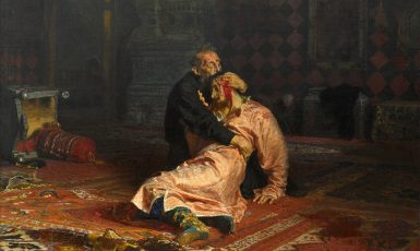 Ruský car Ivan Hrozný se synem Ivanem, jehož v hněvu smrtelně zranil, na olejomalbě Ilji Repina (1885) (Tretyakov Gallery Moscow (volné dílo))