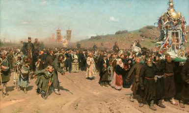 Křížové procesí venkovanů z Kurské gubernie v Rusku (Ilja Repin, olejomalba, 1883) (Treťjakovská galerie v Moskvě (wikimedia / volné dílo))