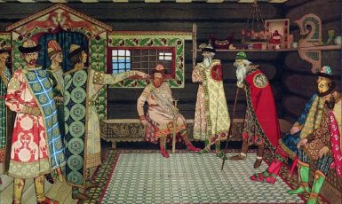 Sjezd ruských knížat na akvarelu Ivana Bilibina z roku 1907 (historická pohlednice (volné dílo))