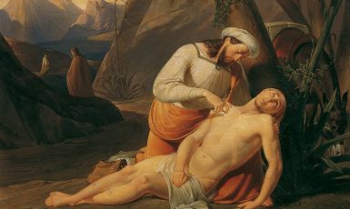Milosrdný Samaritán na olejomalbě Erasma von Engert (1835) (Österreichische Galerie Belvedere / se souhlasem)