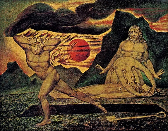 Bratrovrah Kain prchá před Božím hněvem od mrtvého Ábela (William Blake, 1826) (Wikimedia Commons (volné dílo))