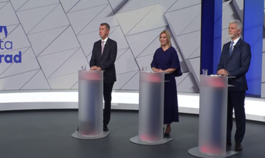 Andrej Babiš, Danuše Nerudová, Petr Pavel při poslední prezidentské debatě na TV Nova. (TV Nova / ČTK)