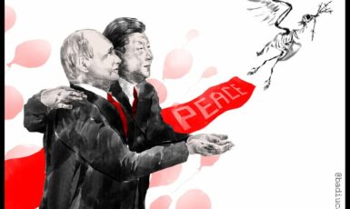 Si Ťin-pching a Putin jako „mírotvůrci“ v podání čínského exilového umělce @Badiucao  (@Badiucao (se svolením autora))