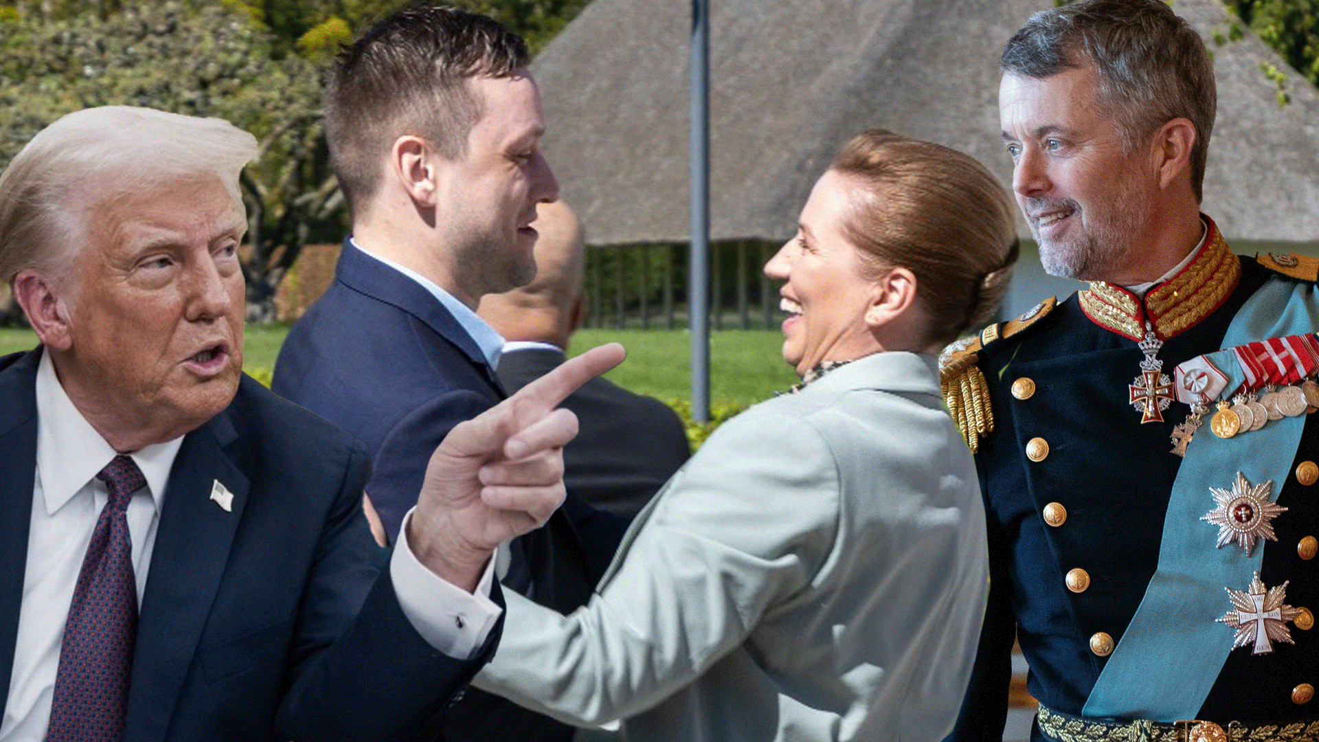 Americký prezident Donald Trump, grónský premiér Jens-Frederik Nielsen s dánskou premiérkou Mette Frederiksenovou a dánský král Frederik X.