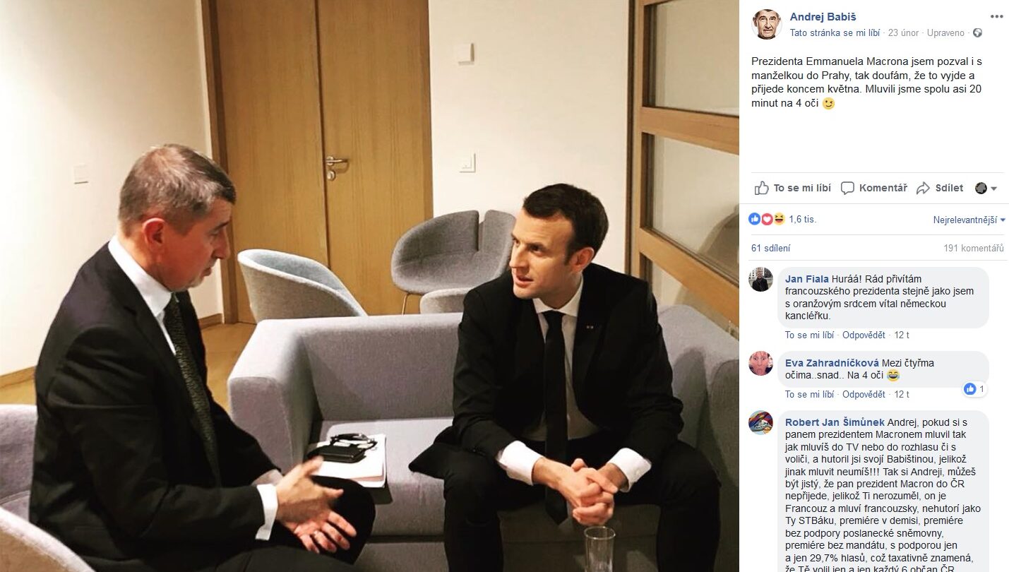 Babiš a Macron v rozhovoru "na čtyři oči".  