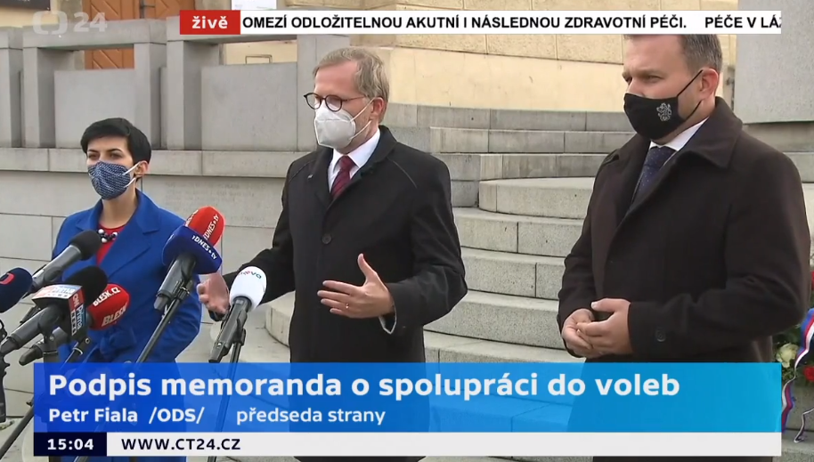 Předsedové ODS, KDU-ČSL a TOP 09 budou ve sněmovních volbách příští rok kandidovat společně v koalici