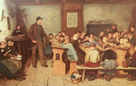 Vzdělávací proces se neustále vyvíjí (Albrecht Anker, venkovská škola, olej, 1896)