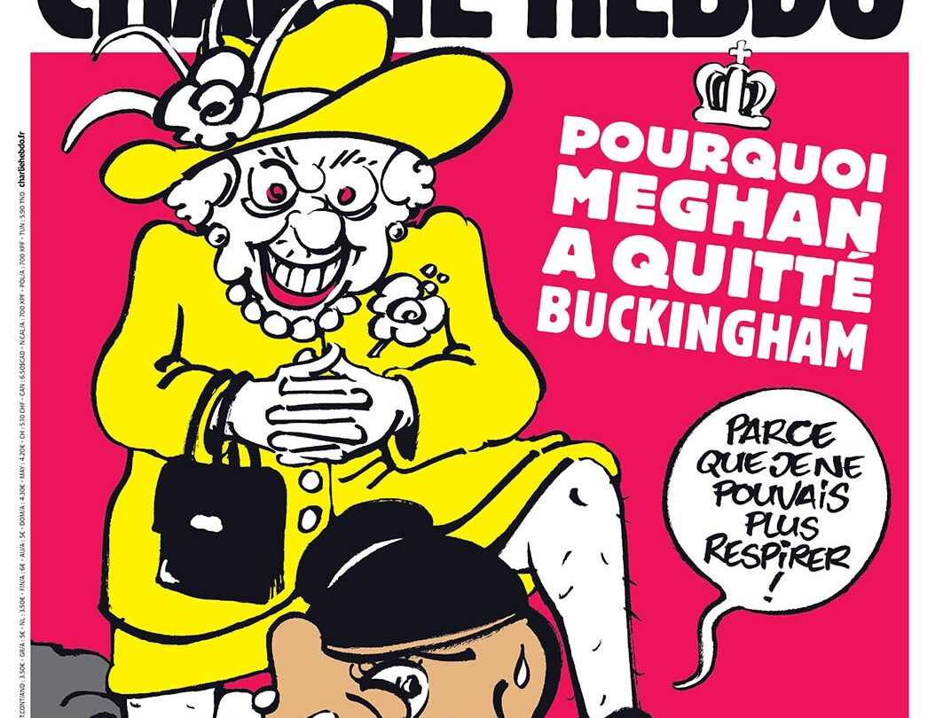 Titulní strana nového vydání Charlie Hebdo s karikaturou královny Alžběty II. a Meghan Markle