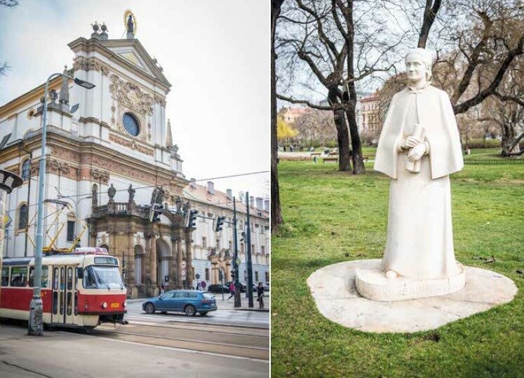 Karlovo náměstí v Praze – jezuitský kostel sv. Ignáce a socha Elišky Krásnohorské