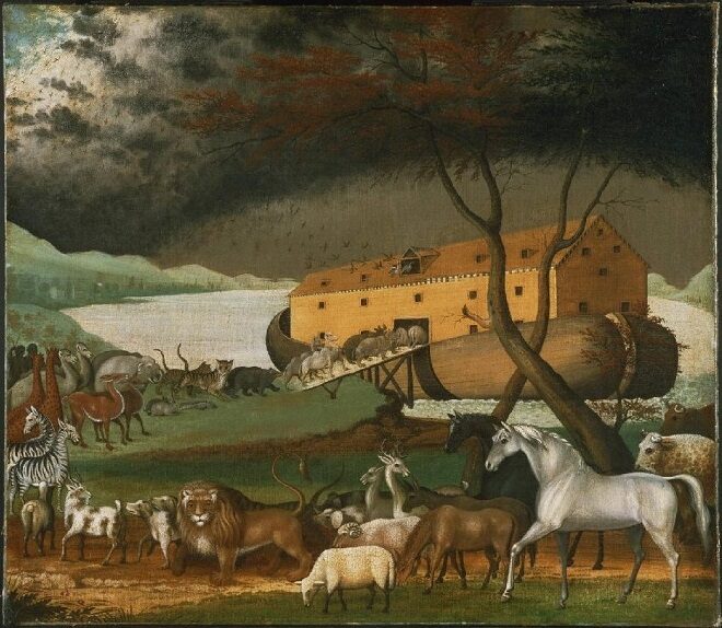 Zvířata vstupují do Noemovy archy – olejomalba Edwarda Hickse (1846)