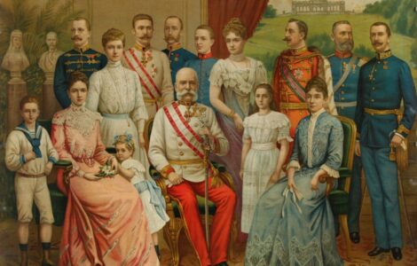 Císař František Josef I. s rodinou kolem roku 1900 (anonymní olejomalba)