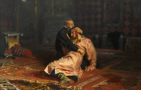 Ruský car Ivan Hrozný se synem Ivanem, jehož v hněvu smrtelně zranil, na olejomalbě Ilji Repina (1885)