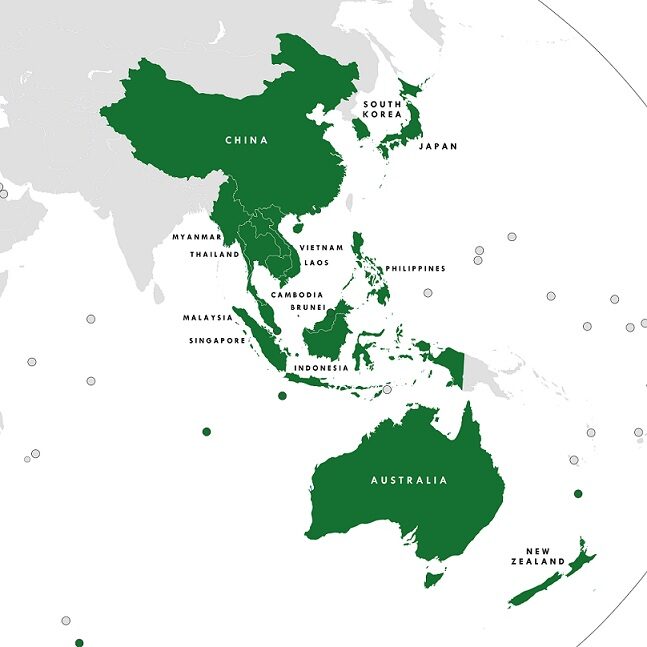 Mapa zemí Regionálního ekonomického partnerství dominovaného Čínou