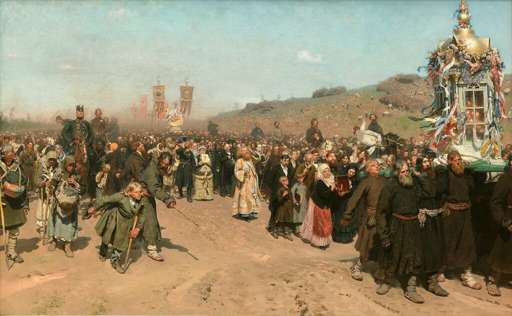 Křížové procesí venkovanů z Kurské gubernie v Rusku (Ilja Repin, olejomalba, 1883)