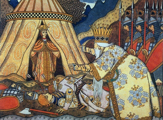 Setkání krutého cara Dadona s šamachanskou carevnou – ilustrace Ivana Bilibina (1906)