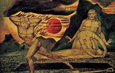 Bratrovrah Kain prchá před Božím hněvem od mrtvého Ábela (William Blake, 1826)