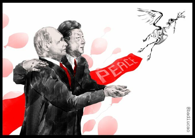 Si Ťin-pching a Putin jako „mírotvůrci“ v podání čínského exilového umělce @Badiucao 